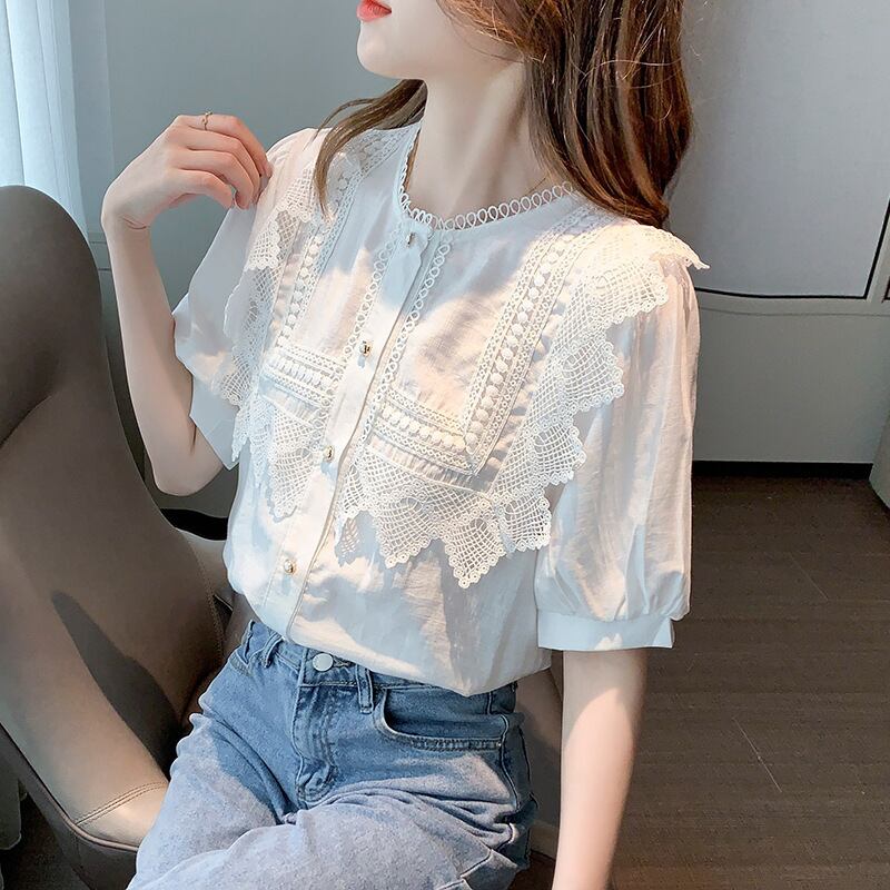 半袖フリルシャツ レディース 半袖 シャツ 前開き パフスリーブ