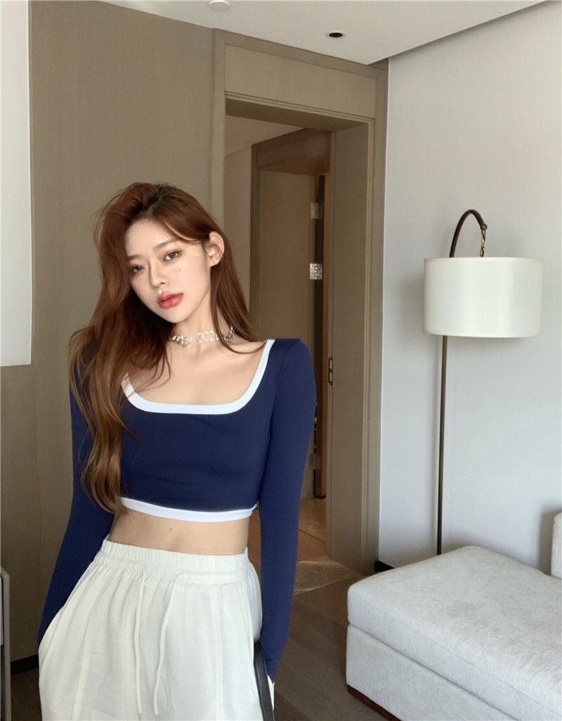 ブルーセクシーハイウエストTシャツレディース秋タイト長袖ボトミングシャツ2020新しいショートクロップドインナートップ ブラックストロベリース88255634620