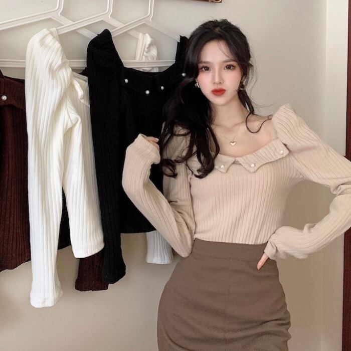 ニットセーター スプリングオータムスタイルスリム薄手ブラック長袖スリーブトップス ロング 春物 秋物 1号婦人96162098340