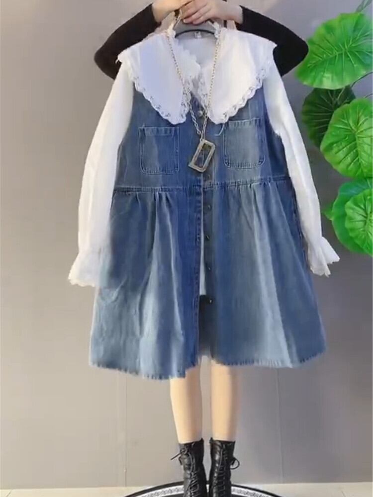 スプリングスタイルカラーシャツ ドレス 薄手スカート 大きめサイズ 春物 ミックスインファッション96136500891