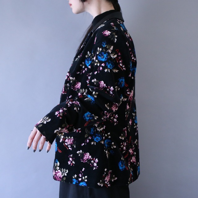 fake leather switching design flower art pattern tailored jacket