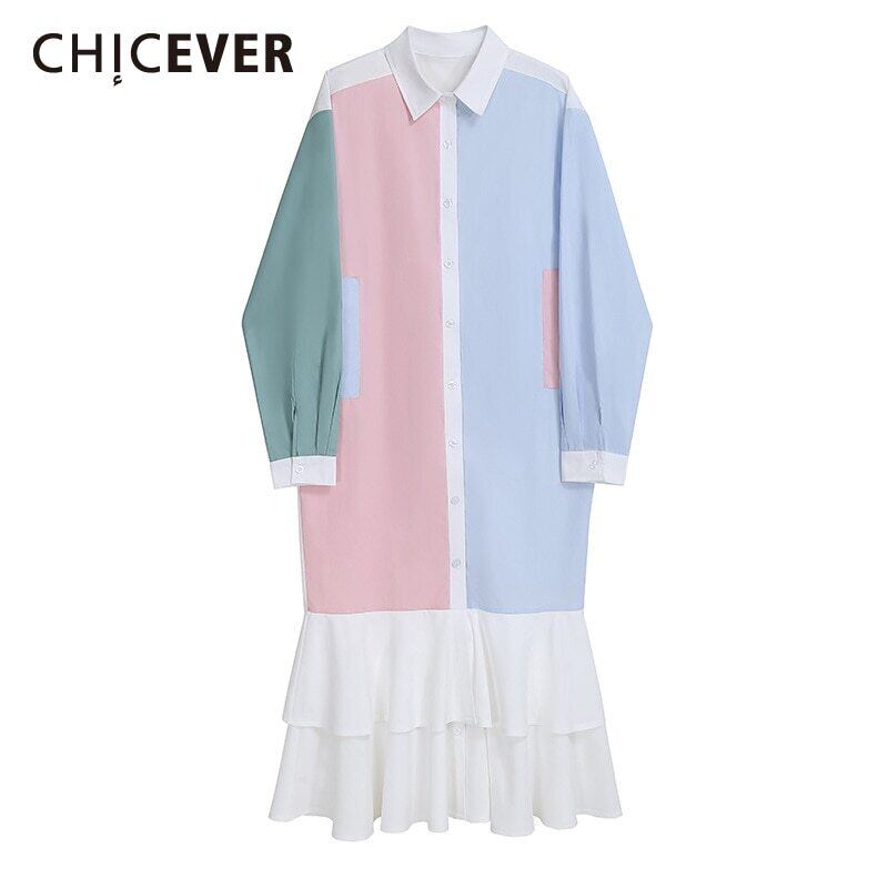 CHICEVERヴィンテージドレスレディースラペル長袖パッチワークフリルヒットカラーオーバーサイズミッドAラインドレス2021 ロング ラッフル ビンテージ 6base599451866738