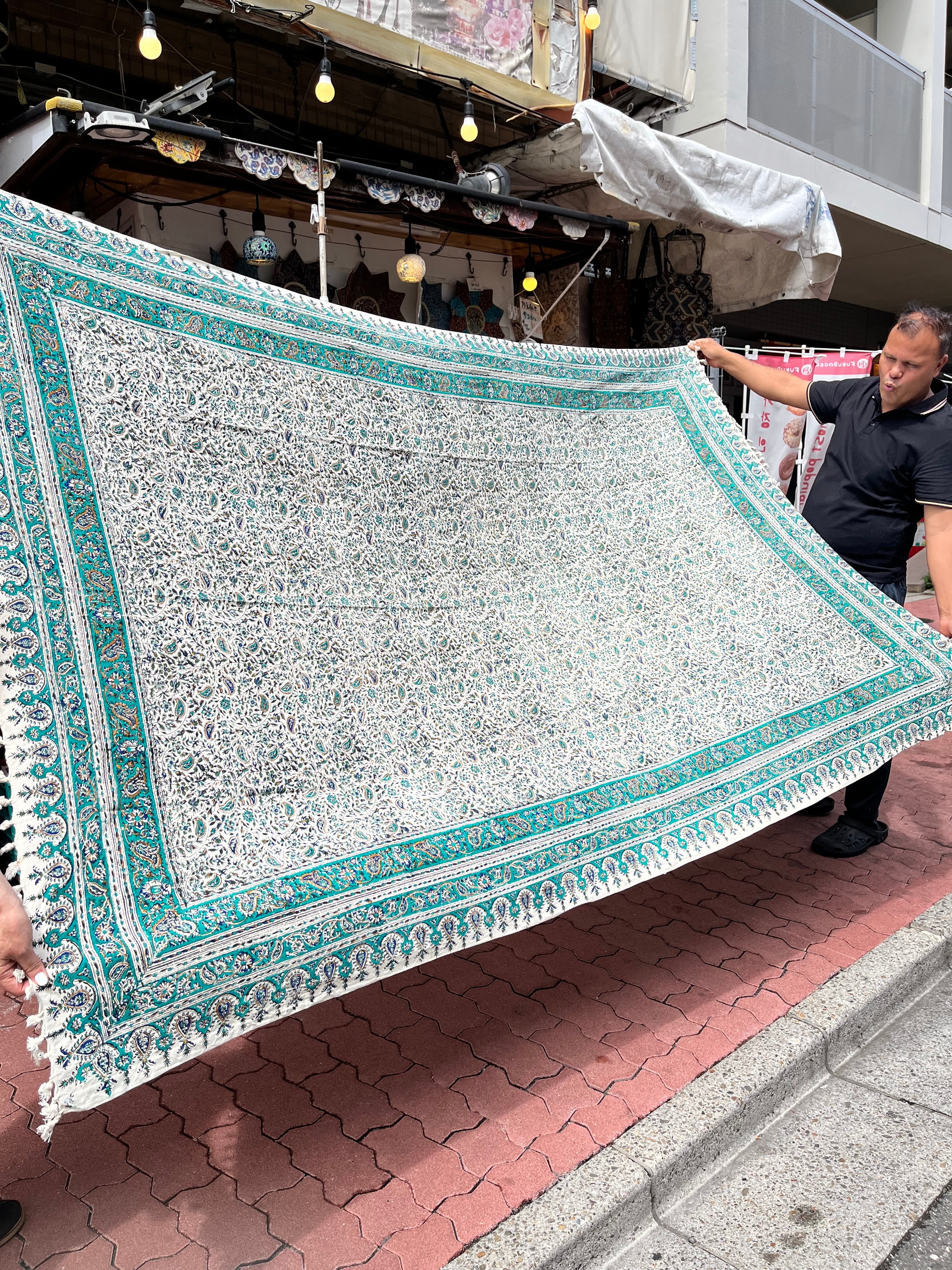 天然素材の手作り☆中東の伝統綿布・さらさ【160cmx240cm】ターコイズ