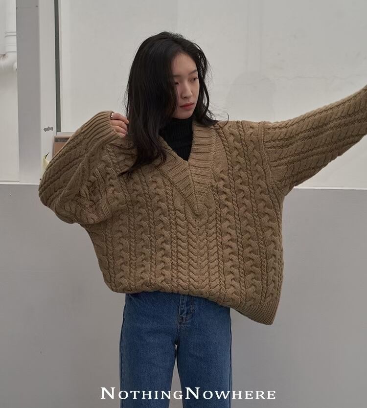 Vネックケーブル編みニット  AJ1079-7080