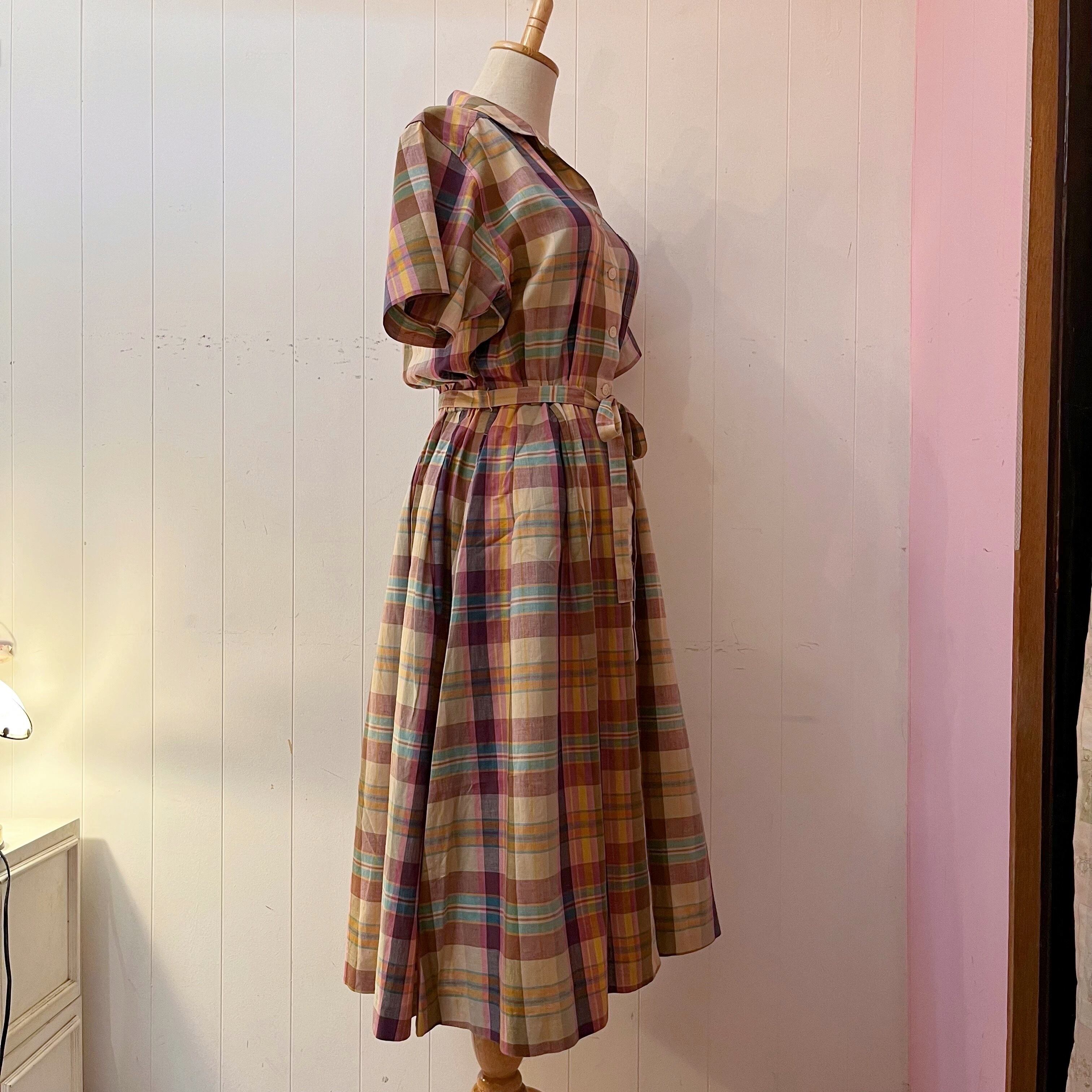 yellow pink check open collar one-piece