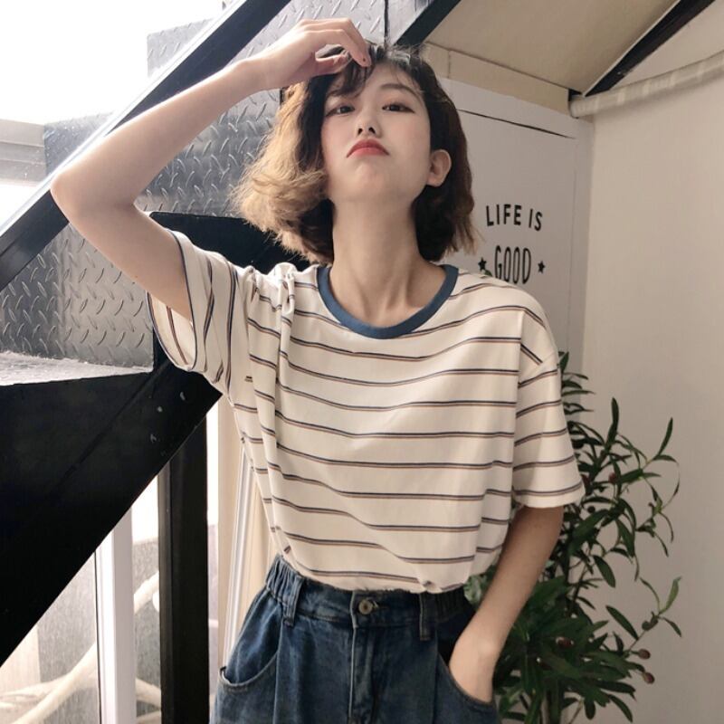 ショートサマーストライプTシャツ ルーズスリムカジュアルトップス 夏物 YY-ファッション27603444779