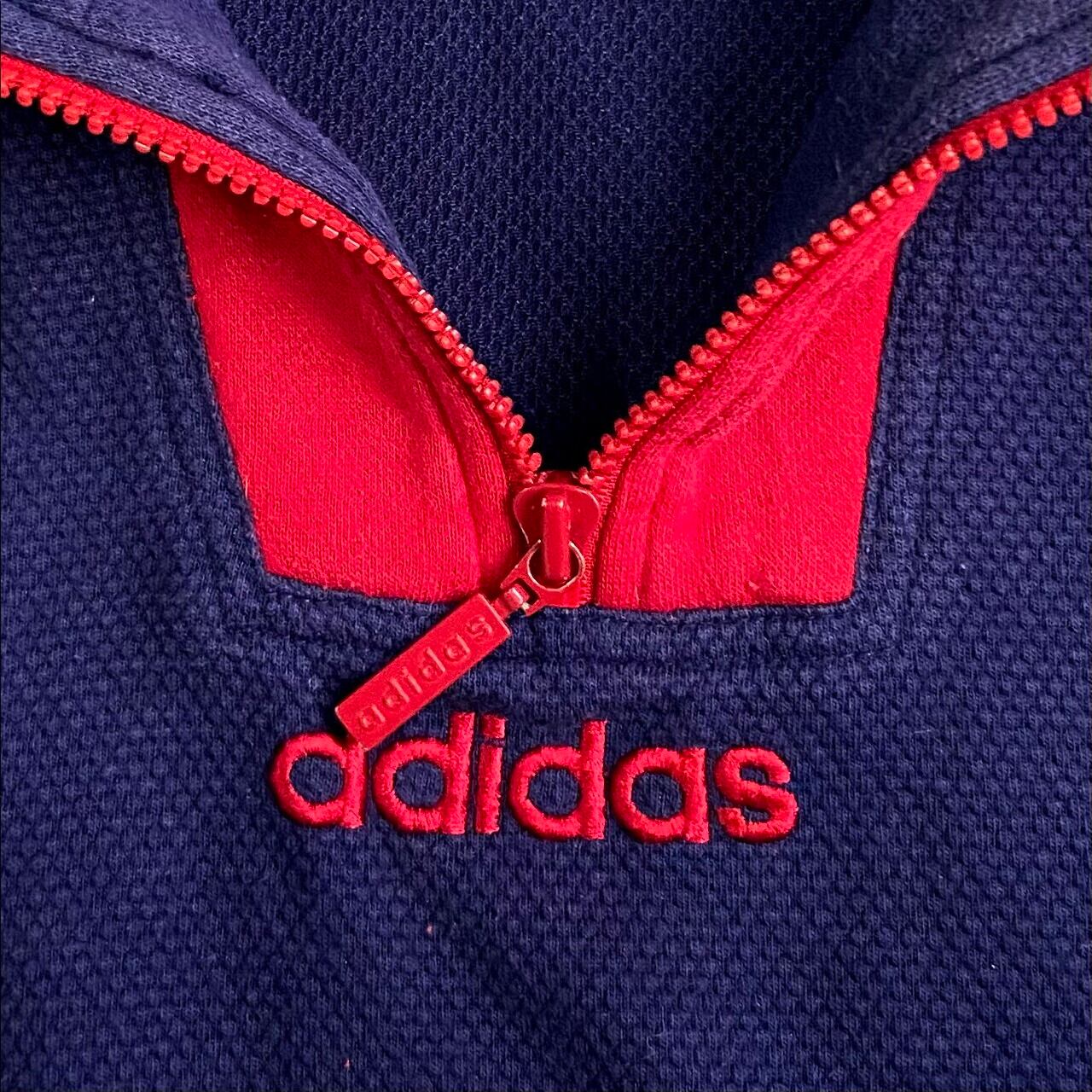 90年代 adidas アディダス ハーフジップ スウェット メンズL相当 古着 ワンポイント ロゴ刺繍 90s ヴィンテージ ビンテージ トレーナー  ネイビー×レッド 紺色【スウェット】 | cave 古着屋【公式】古着通販サイト