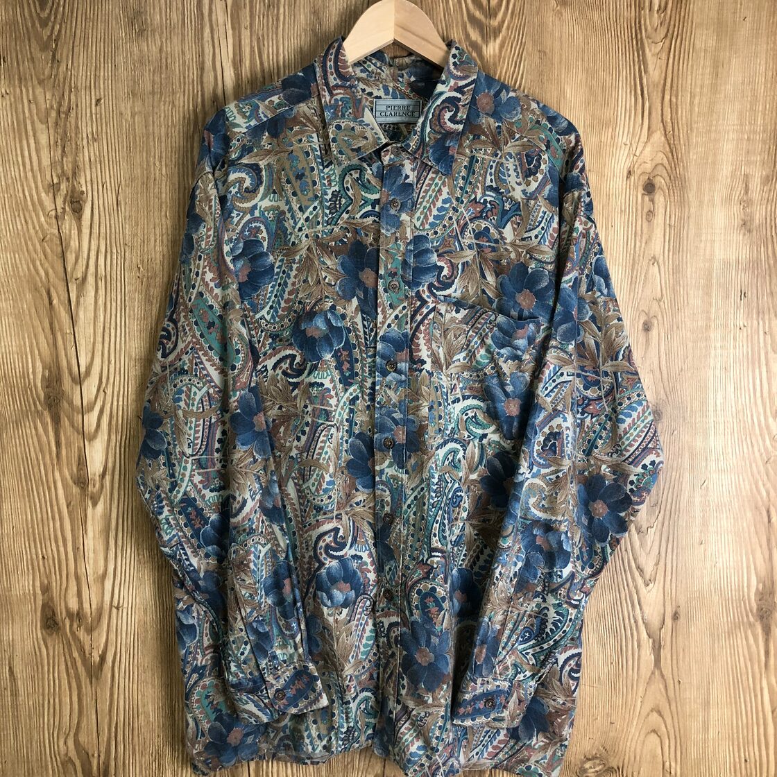 90s VINTAGE PIERRE CLARENCE オリエンタル柄 総柄 マルチ 長袖シャツ 