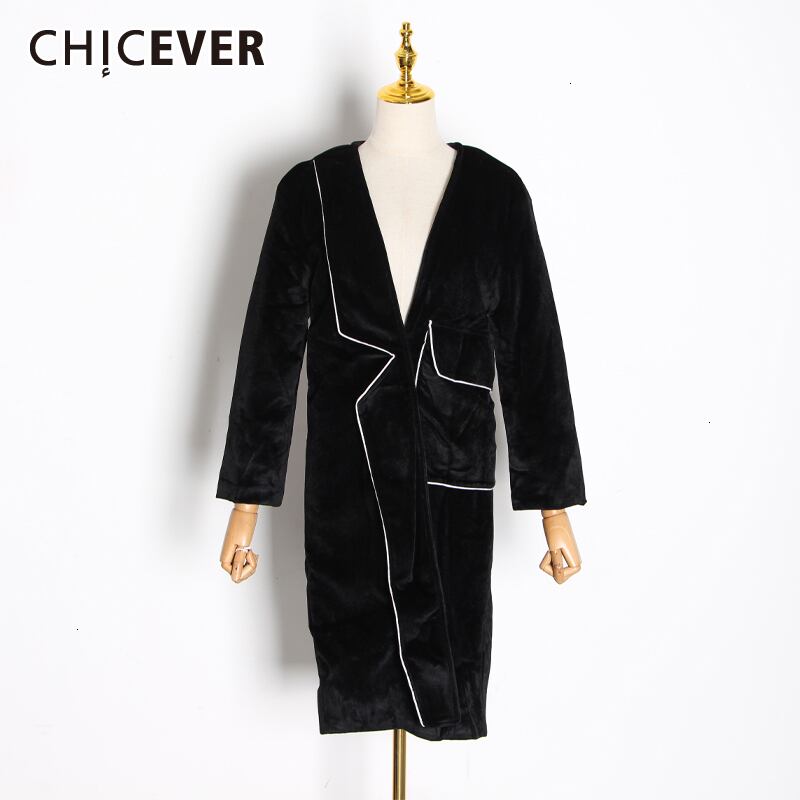 CHICEVERブラックコートレディースラペル長袖パッチワークポケットヒットカラールーズオーバーサイズシックコート2020オータムタイド ロング 秋物 6base583591230157