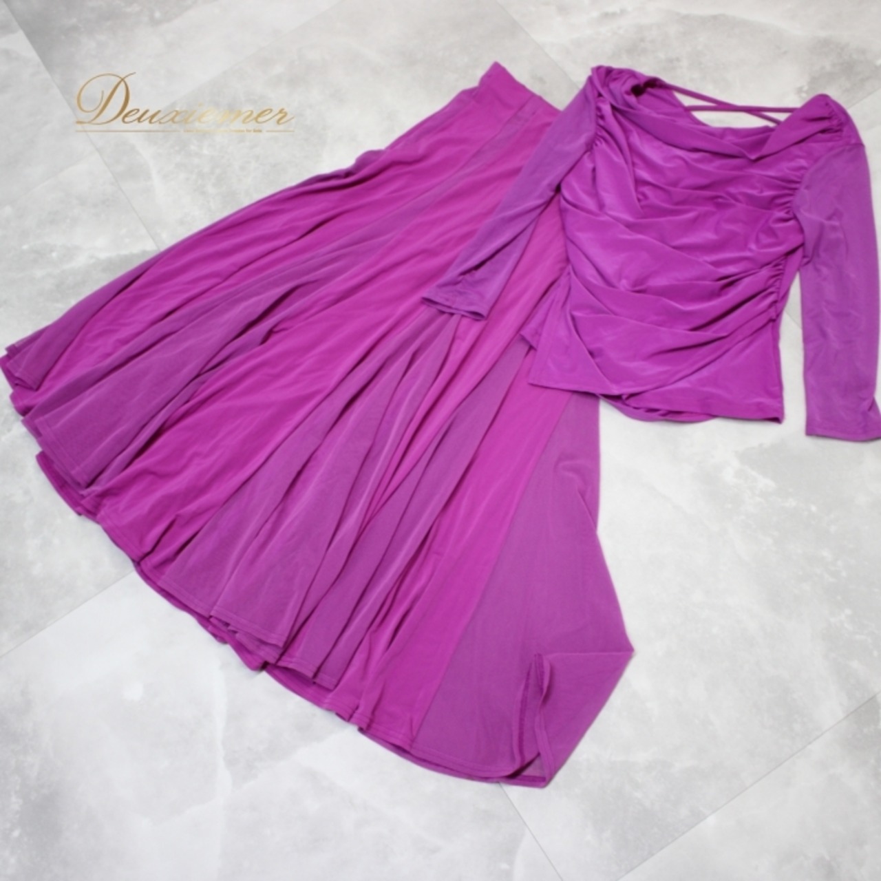 社交ダンス 衣装 スタンダード 上下セット ツーピース レッスンウェア パーティ衣装 レディース パープル系 ICHIOKU イチオク 紫 無地 長袖 スカート セットアップ 女性用 ダンスウェア 伸縮性 おしゃれ 薄手 舞台衣装 パープル色 高級感 お揃い ツーピースコーデ カジュアル 体型カバー バルーンスカート お稽古用 競技用