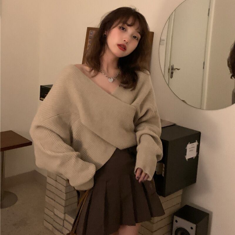 スタンダードスタイルVネックプルオーバー セーター オータムルーズシャツ ジャケット ロング レトロ 秋物 モンロー37013166182