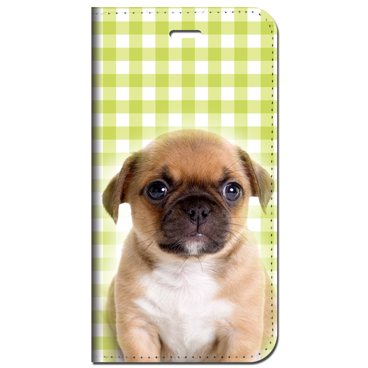 iPhone対応 スマホ 手帳型ケース パグ02 チェックイエローグリーン 動物 ペット犬 イヌ 【iPhone17 / iPhone16 / iPhone16e / iPhoneSE 他 iPhone各機種対応】 st65