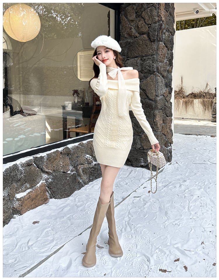 dress】リボンオフショルニットワンピース N2855 | nanastyle