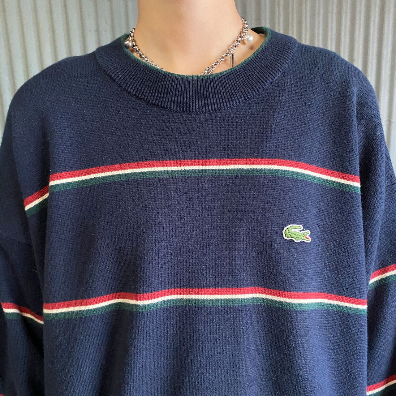 90年代 LACOSTE ラコステ ワンポイントロゴ ボーダー ニットセーター 