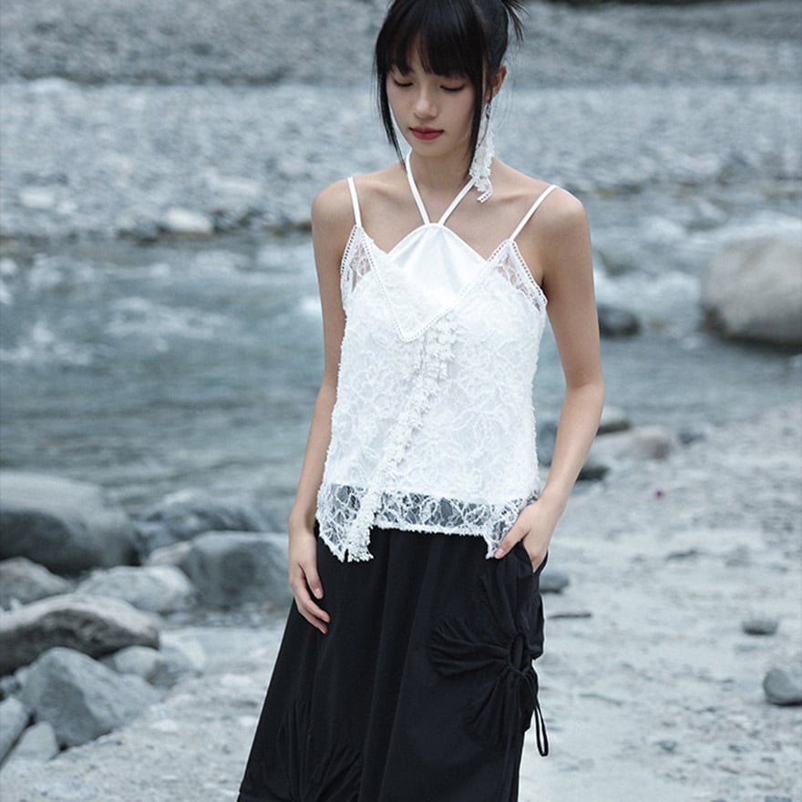 中華ゴシック  キャミソール ホワイト フェイクツーピース 大青龍肆 夏服 20代 30代ファッション