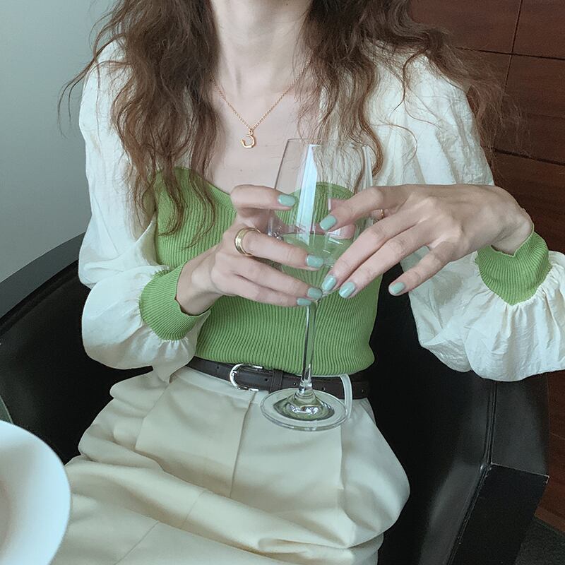 セーター レディーススプリングオータムグリーンスリム薄手ショートトップス ロング 春物 秋物 ビッグFスモールZ韓国71236988152