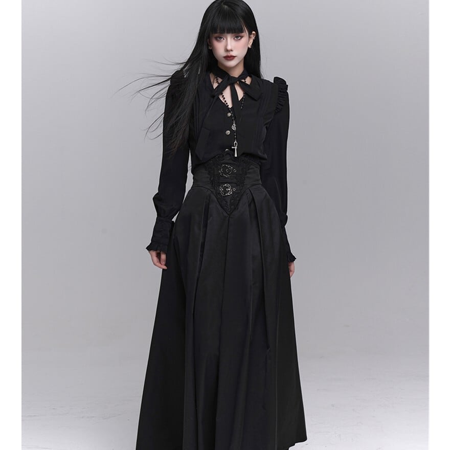 大人ゴシック レースハイウエストロングスカート 黒×ダーク｜WithU