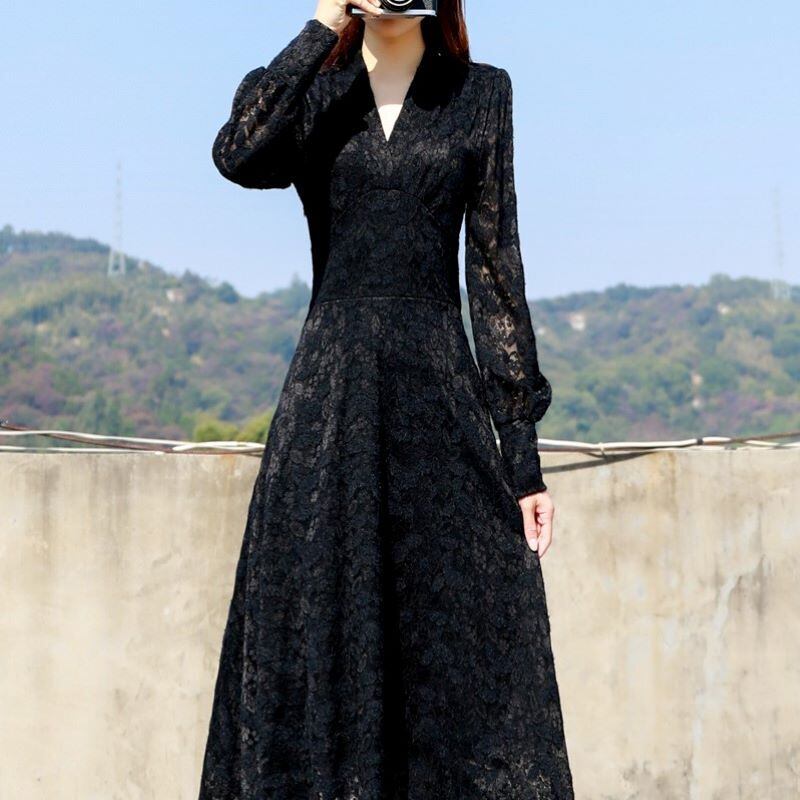 レースワンピース レディース ワンピース レース 長袖 ワンピース ロング ワンピース ロングワンピース 長袖 総レースワンピース ロング ミモレ丈 ロング丈 Vネック レース ワンピース 春新作 春 春服 新作 アプリコット ブラック 黒 P8172 Kirari きらり
