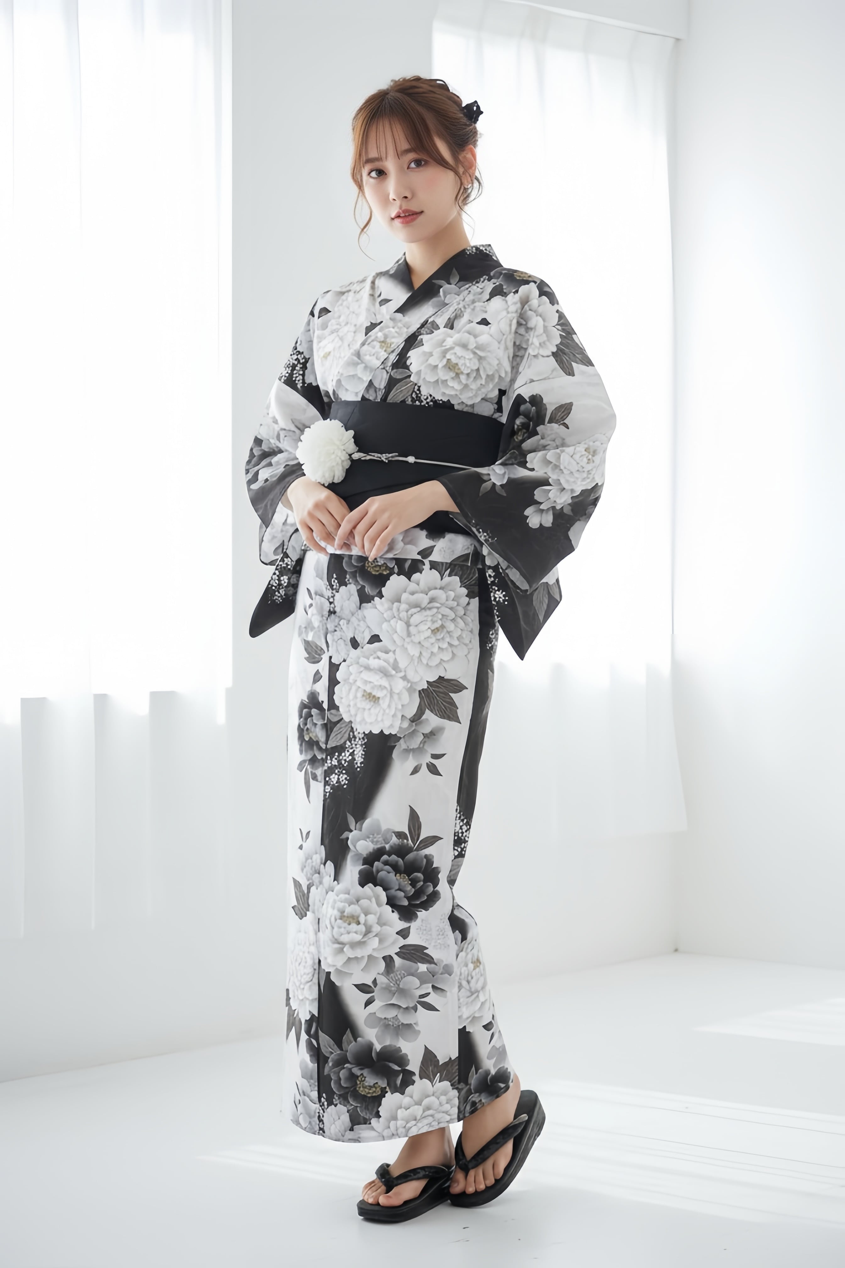 浴衣ジェンヌ 浴衣5点セット 黒×白 モノトーン 花柄 綿 ゆかた 半幅帯 浴衣