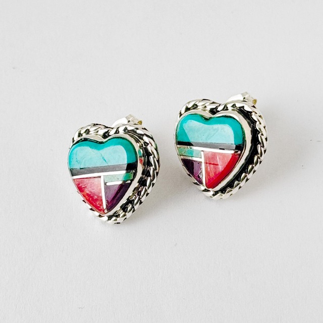 【ラスト1】《Indian Jewelry 》 ターコイズ モザイク ハート型 スタッドピアス