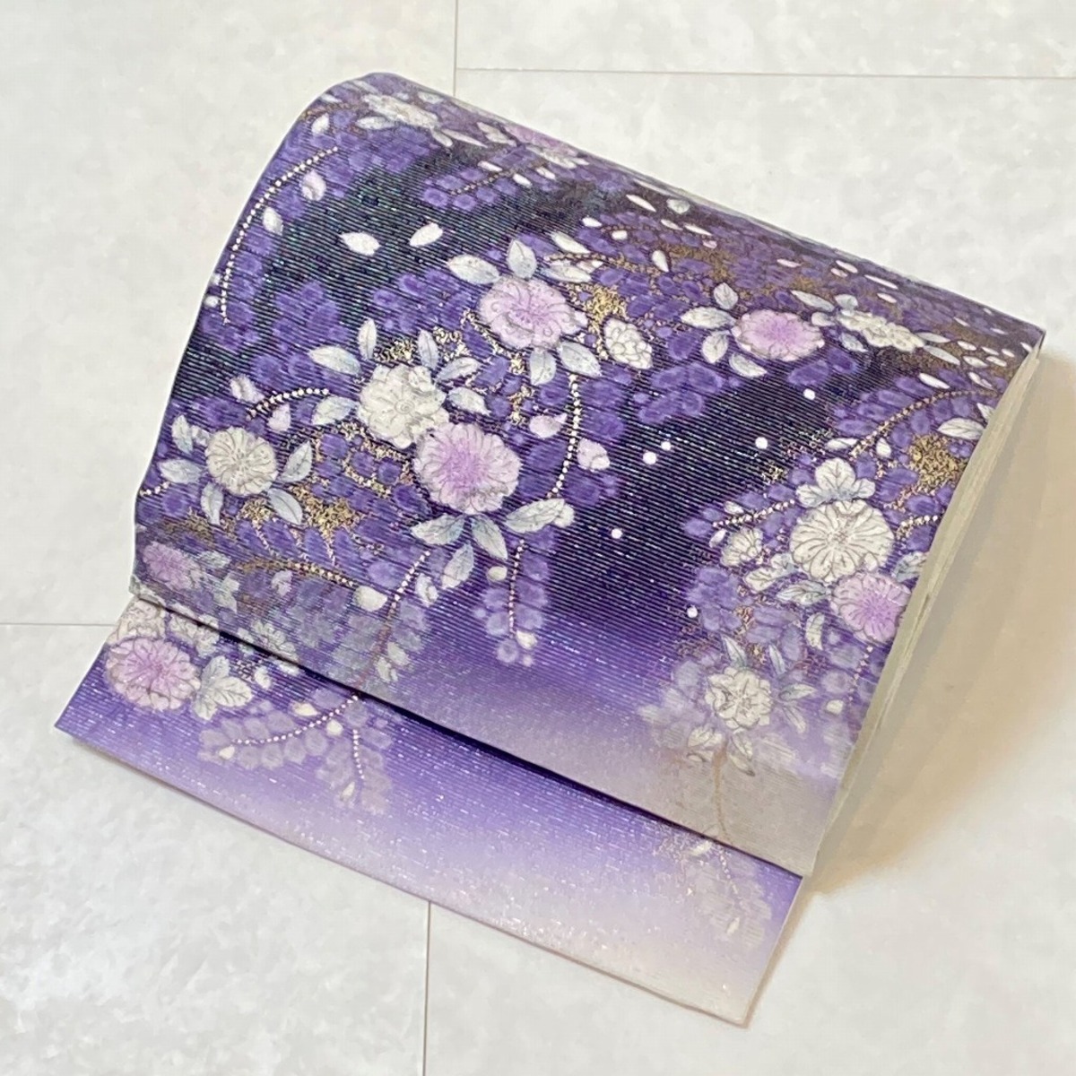 美品】 袋帯 名品 落款あり 辻が花 霞 金通し ぼかし 紫 お太鼓柄 正絹 