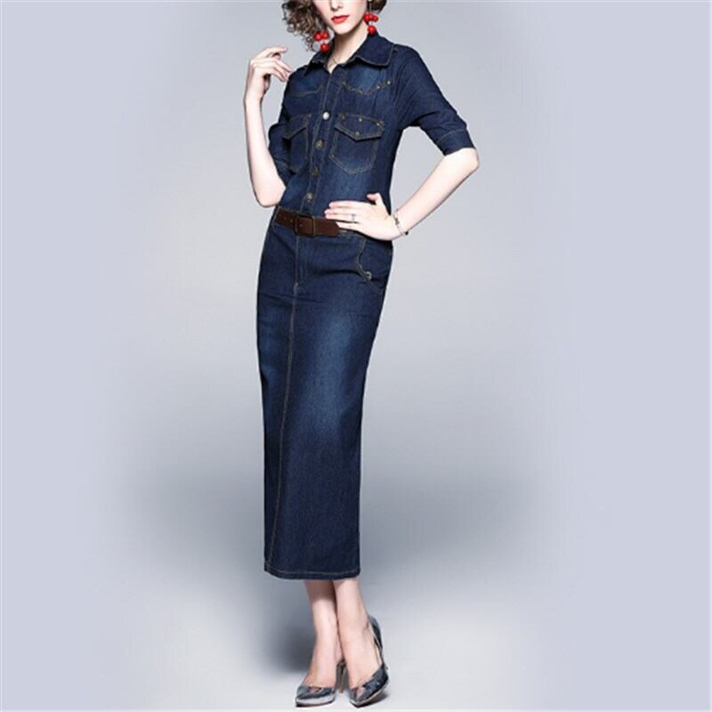 ワンピース ロングスカート シャツワンピース デニムワンピース 膝下 ロング ロング丈 袖あり 5分袖 五分袖 襟付き スリム ベルト ボタン デニム かわいい 大人可愛い きれいめ シンプル カジュアル 大人 おしゃれ かっこいい 大人女子 こなれ感 スポーティー 個性的 主役級 無地 春 秋 10代 20代 30代 レディース 女性用 ママ 通学 デート お出かけ 女子会 休日 アウトドア イベント 旅行 ショッピング 着回し 普段使い 韓国 韓国系 オルチャン ファッション コーデ 楽ちん 大きめ