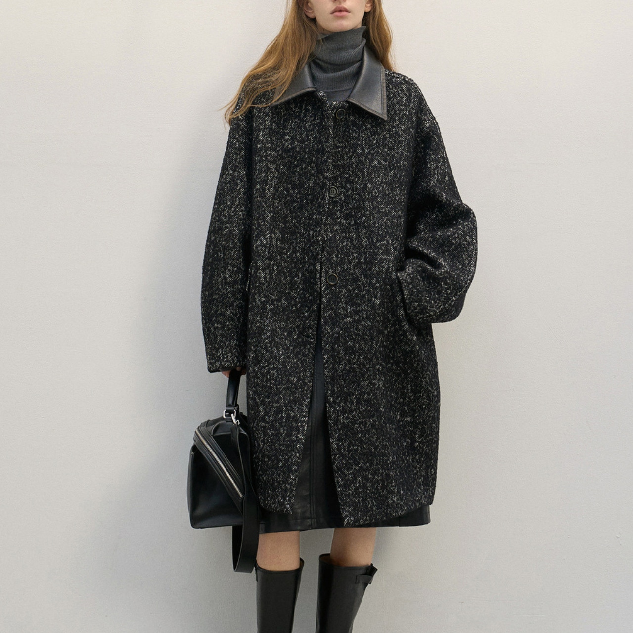 Leather Piping Oversized Long Wool Coat T3588