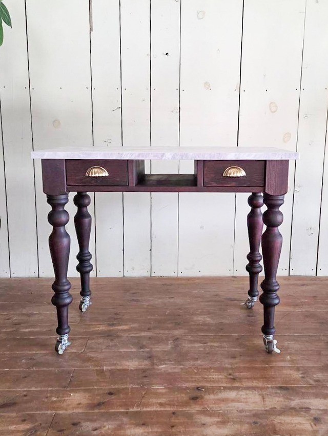 引出し&キャスター付きネイルテーブル大理石860 (アンティーク調ろくろ足ネイルデスク) W860×D450 かわいいドレッサー