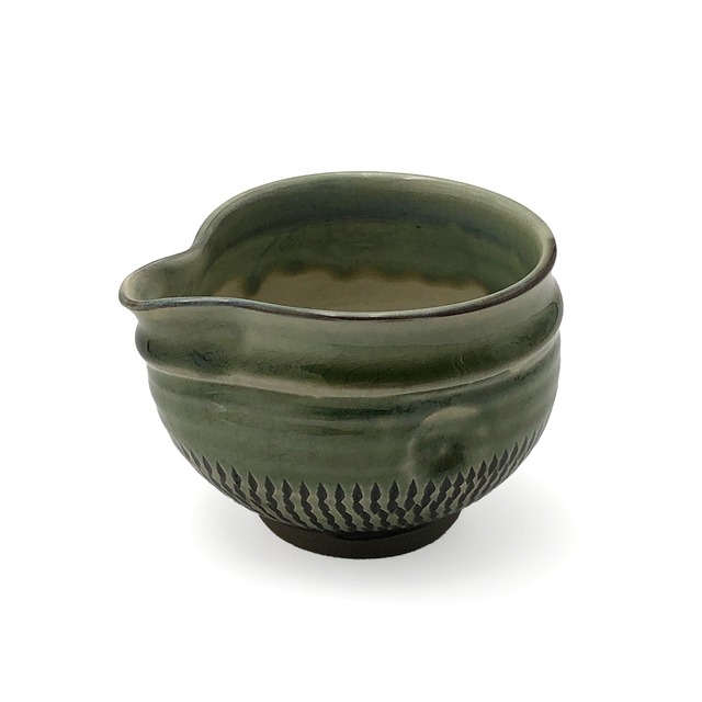 小鹿田焼 3寸湯さまし 片口鉢 飛びかんな 緑 直径約9.5cm 陶器 和食器 民藝 茶道具