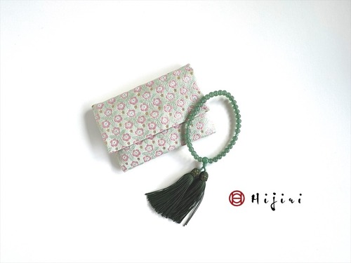 再販‼︎ お念珠入れ　ポケット付き　高級金襴…エメラルドグリーンの小花《送料無料》