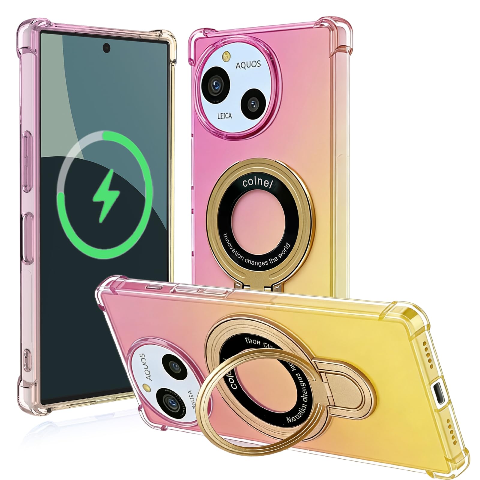 【Moilyo】対応AQUOS R9/SH-51E/R10/SH-51F用 ケース クリア 薄型 TPU 耐衝撃 MagSafe対応 マグネット搭載 車載ホルダー 縦横両対応 シャープアクオスr9 スマホケース グラデーション色 保護カバー(ピンク&ゴールド)