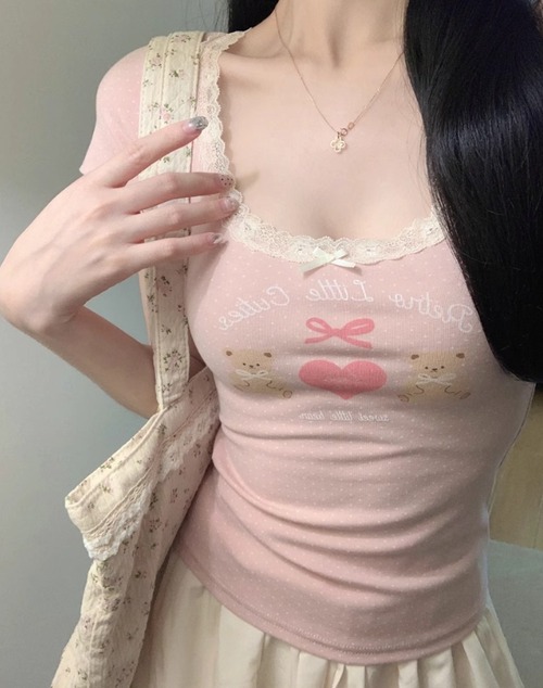 3色/レースネックドットプリントTシャツ ・78621