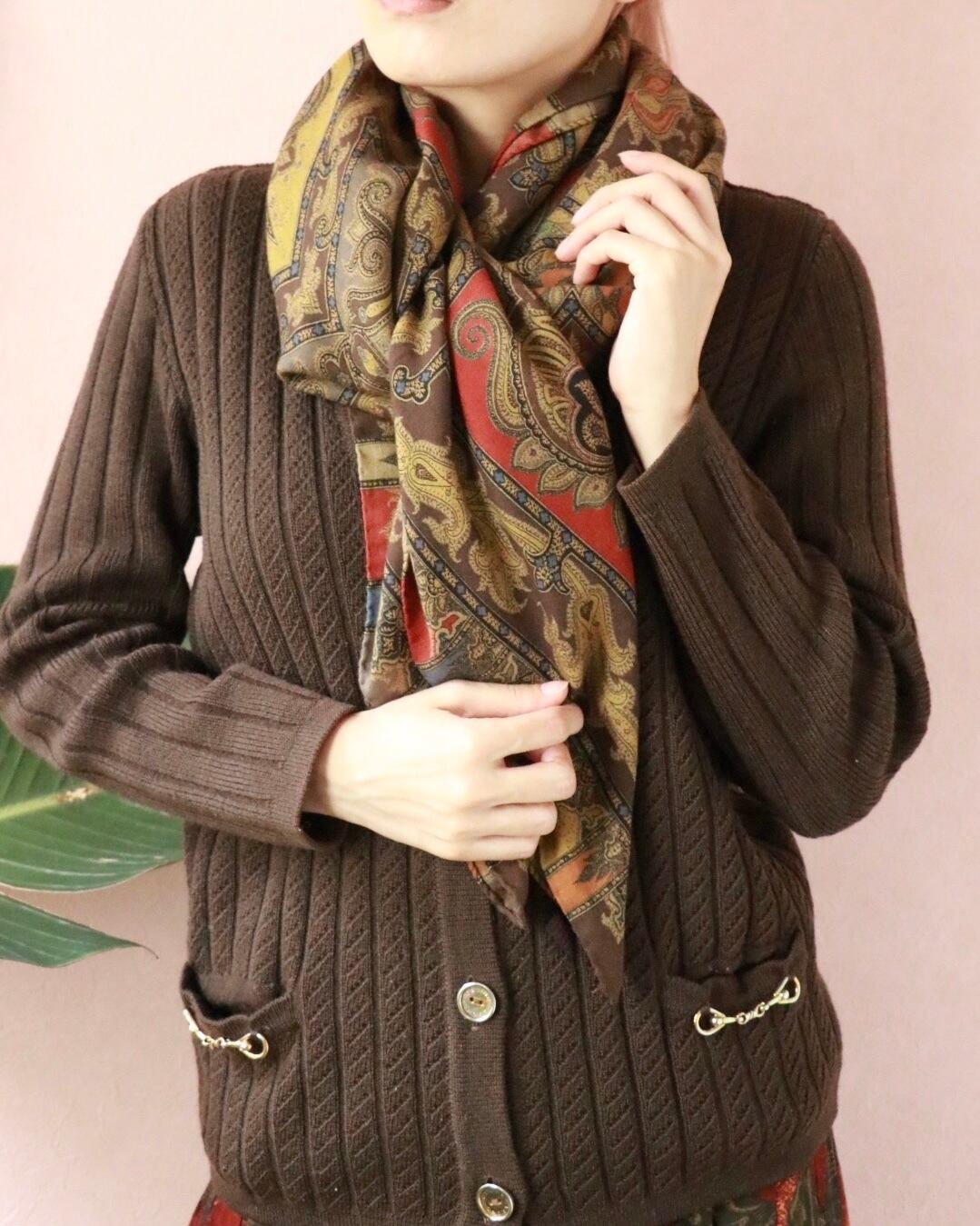 エトロ シャツブラウス シルク100% スカーフ柄 金ボタン ネイビー 42