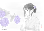 紫陽花に見惚れて(ジークレー版画)