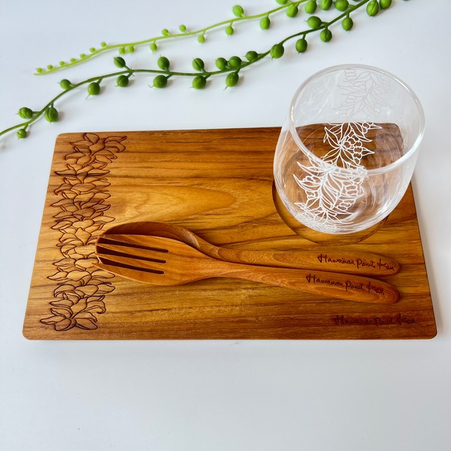 ウッドギフトセットM　プルメリアグラス　Wood Gift set M (Wood plate M / Wood spoon&fork / Glass)