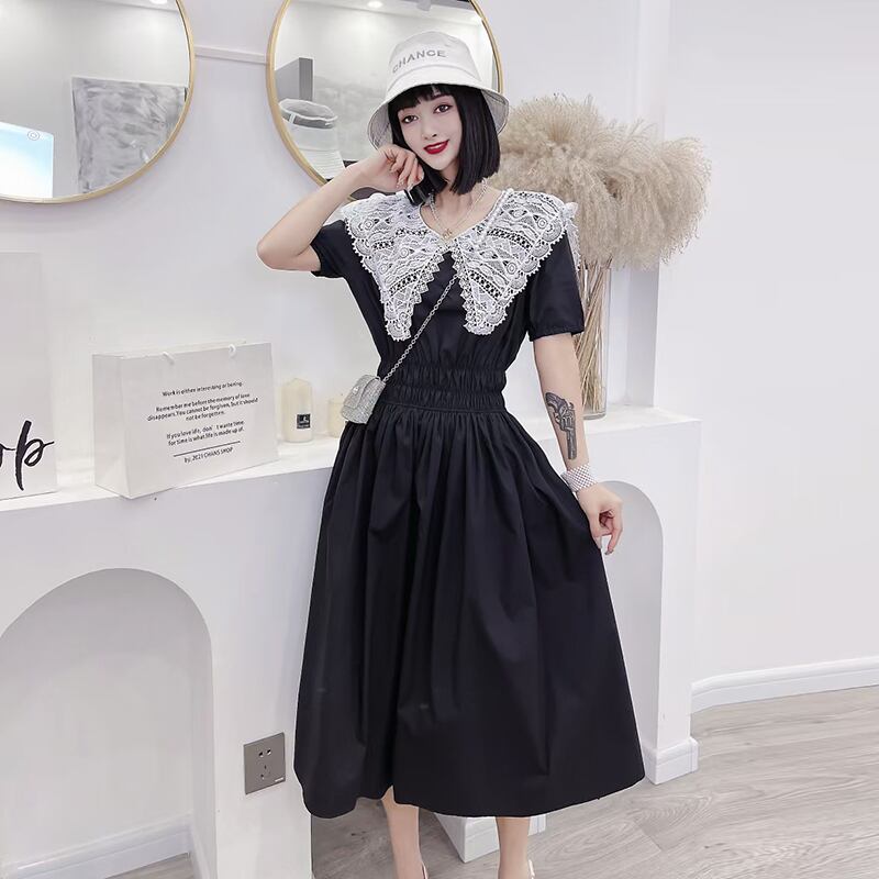 スプリングレースストレッチウェストドレス サマー エラスティック 伸縮 大きめサイズ 春物 夏物 ミックスインファッション34684265805