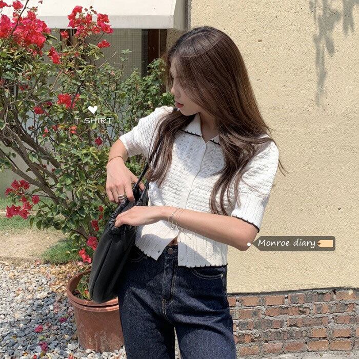 ホワイトニットカーディガンスタンダードカラートップス サマーショート薄手ジャケット レトロ 大人ガーリー スウィート キュート カジュアル 夏物 モンロー28850628049
