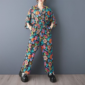 V-NECK PRINT DRAWSTRING WAISTED LONG JUMPSUIT M-18082