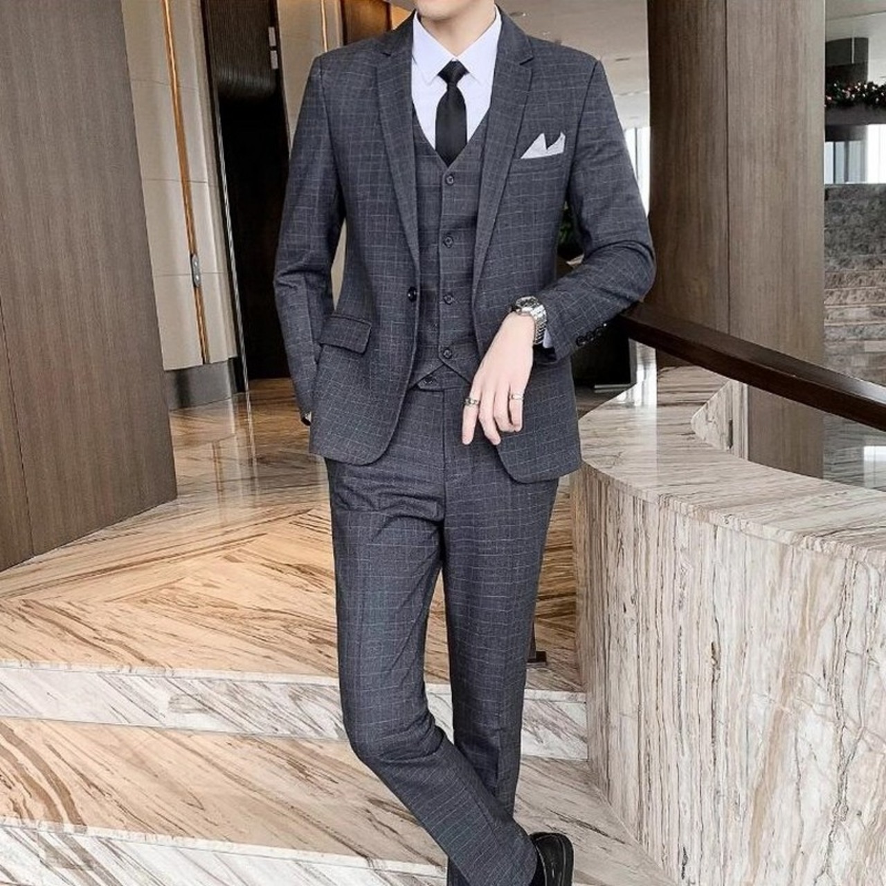 slim fit korean plaid casual suit 3piece 00034