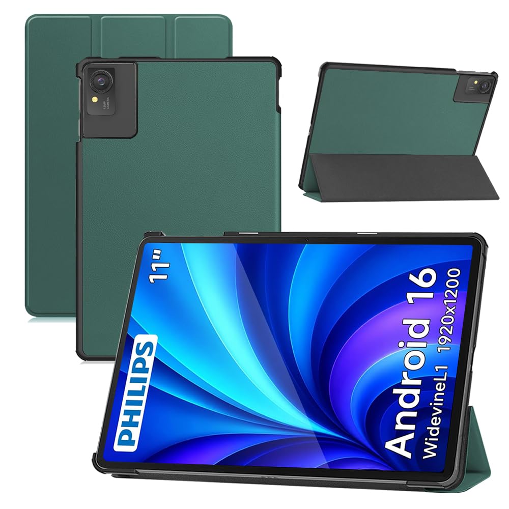 For PHILIPS T8015 / FPD CP11-J1 ケース 11インチ タブレット カバー RUIXH PU素材 落下防止 滑り止め 傷防止 保護カバー 薄型軽量 全面保護 三つ折りスタンド機能 マグネット開閉 持ち運びやすい タブレット 三つ折ケース (ダークグリーン)