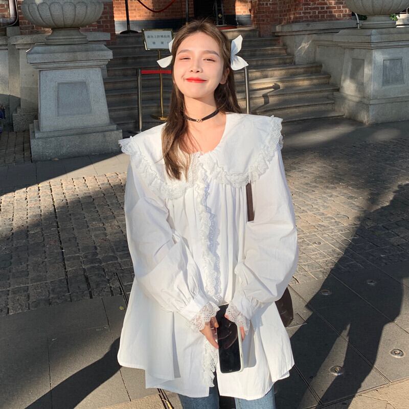 カラーシャツ スタンダードレーストップス ドレス スプリングオータム ロング レトロ 春物 秋物 萌量不足66832201040