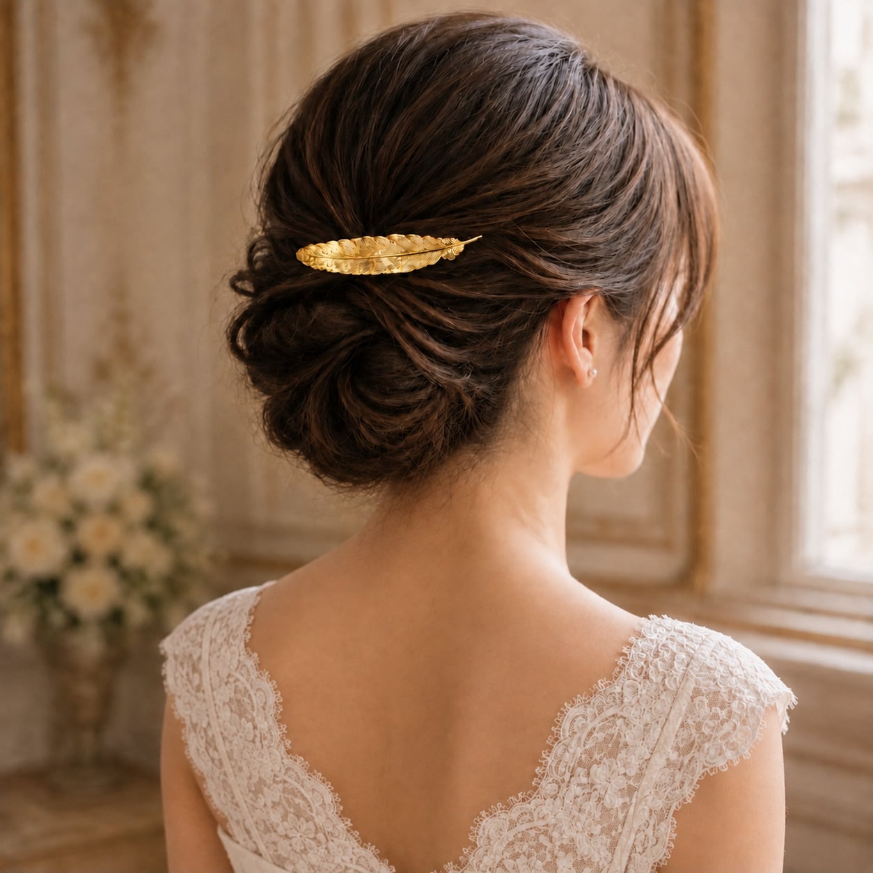 アンティーク調フェザーバレッタ|大ぶりの羽モチーフ・ブライダルヘアアクセサリー