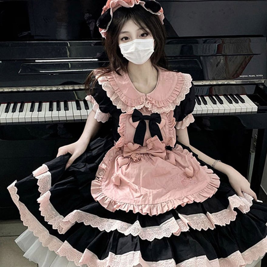 ワンピース エプロン リボン ハートボタン メイド服 メイドカフェ