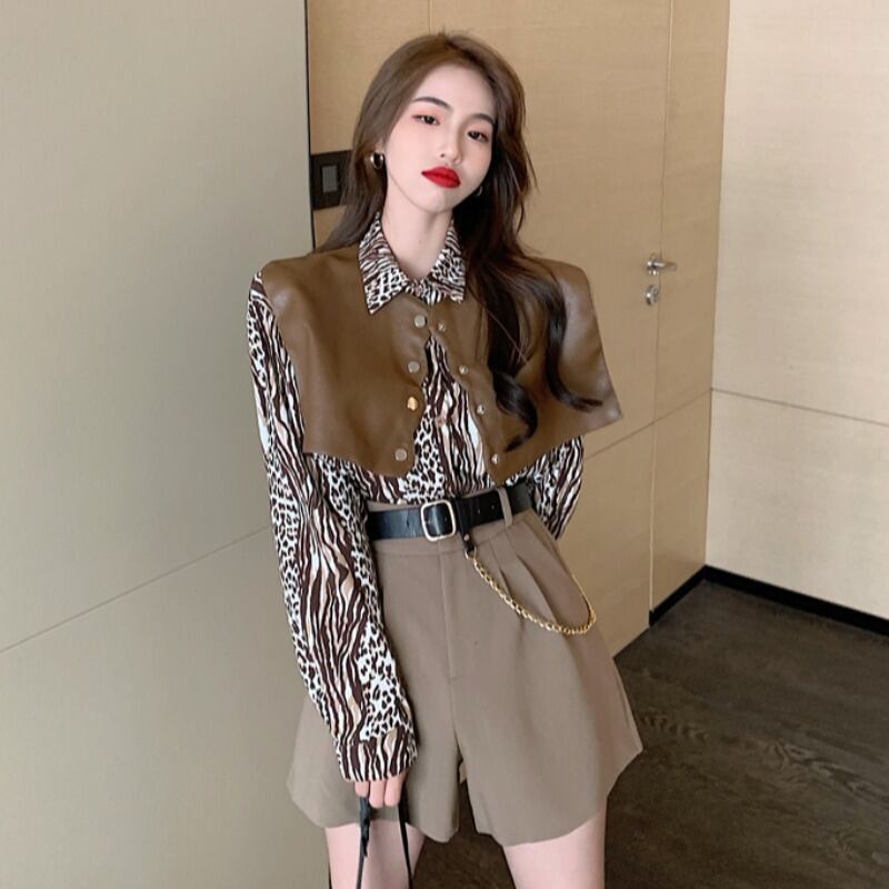 レオパードプリント柄シャツ スタイルレザーハイウェストウェストショーツ ベルト オータム 秋物 ハーネス ブルマー ハンチェンe46300660787