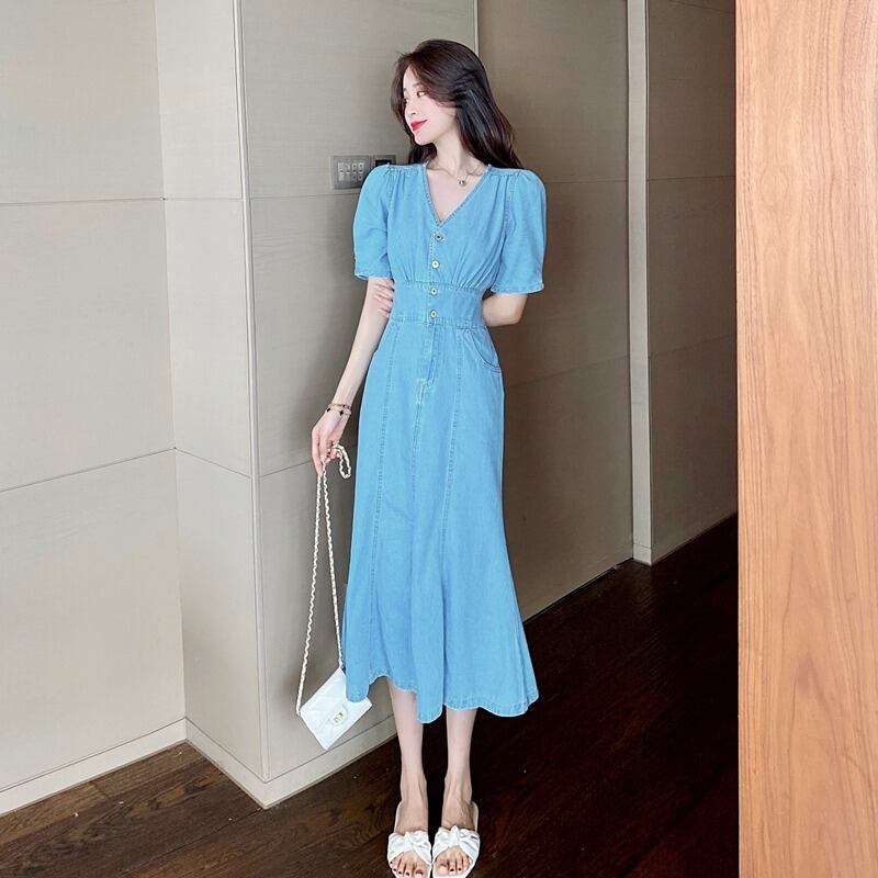 スタンダードサマースタイルドレス Vネックスリーブハイウェストウェストスカート レトロ 夏物 ハンチェンe75153656903