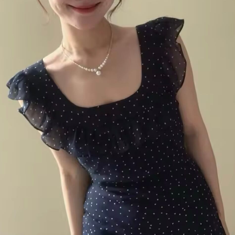 ドット柄バックリボンワンピース