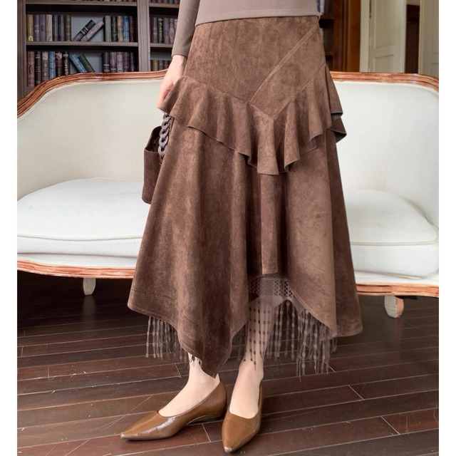 アシンメトリーフリル スエードタッチスカート　W00340