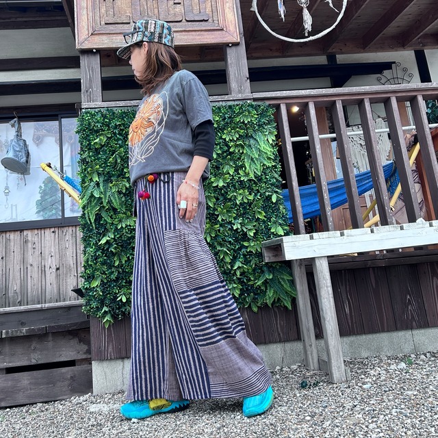 ストライプ切り替えワイドパンツ