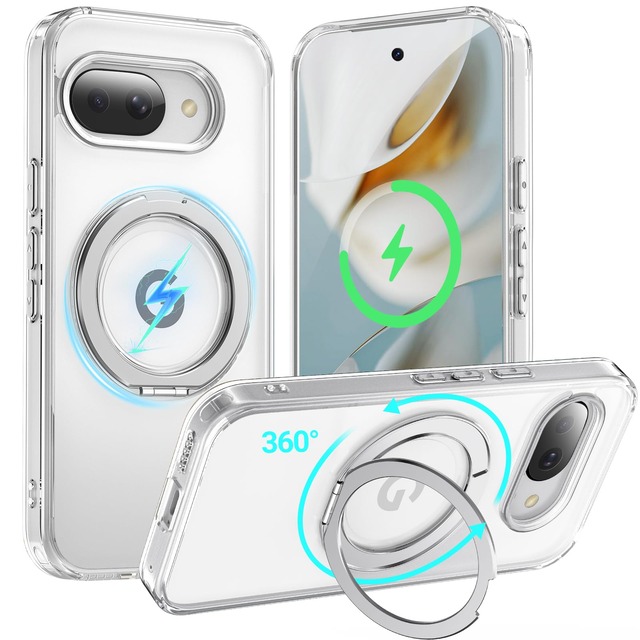 TFHaven Google Pixel 9a 用 ケース クリア 360°回転スタンド 縦横両対応 MagSafe対応 ワイヤレス充電 MIL規格耐衝撃 スタンド 長期耐久 指紋防止 クリアな質感 黄ばみ防止 ストラップホール付 ピクセル9a カバー（6.3インチ）