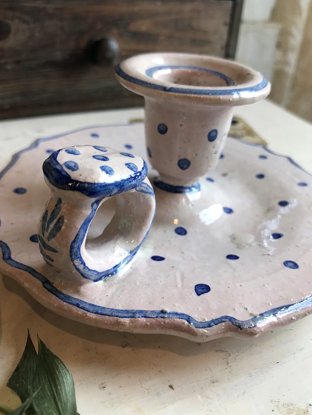 陶器 キャンドルホルダー ブルー 水玉 ドット柄 